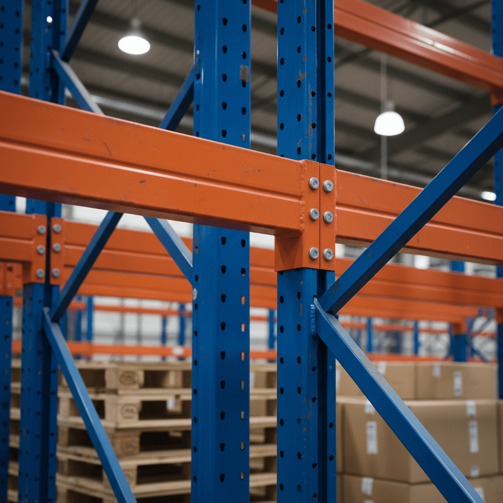 Close up view of heavy duty steel pallet racking beams and uprights in warehouse