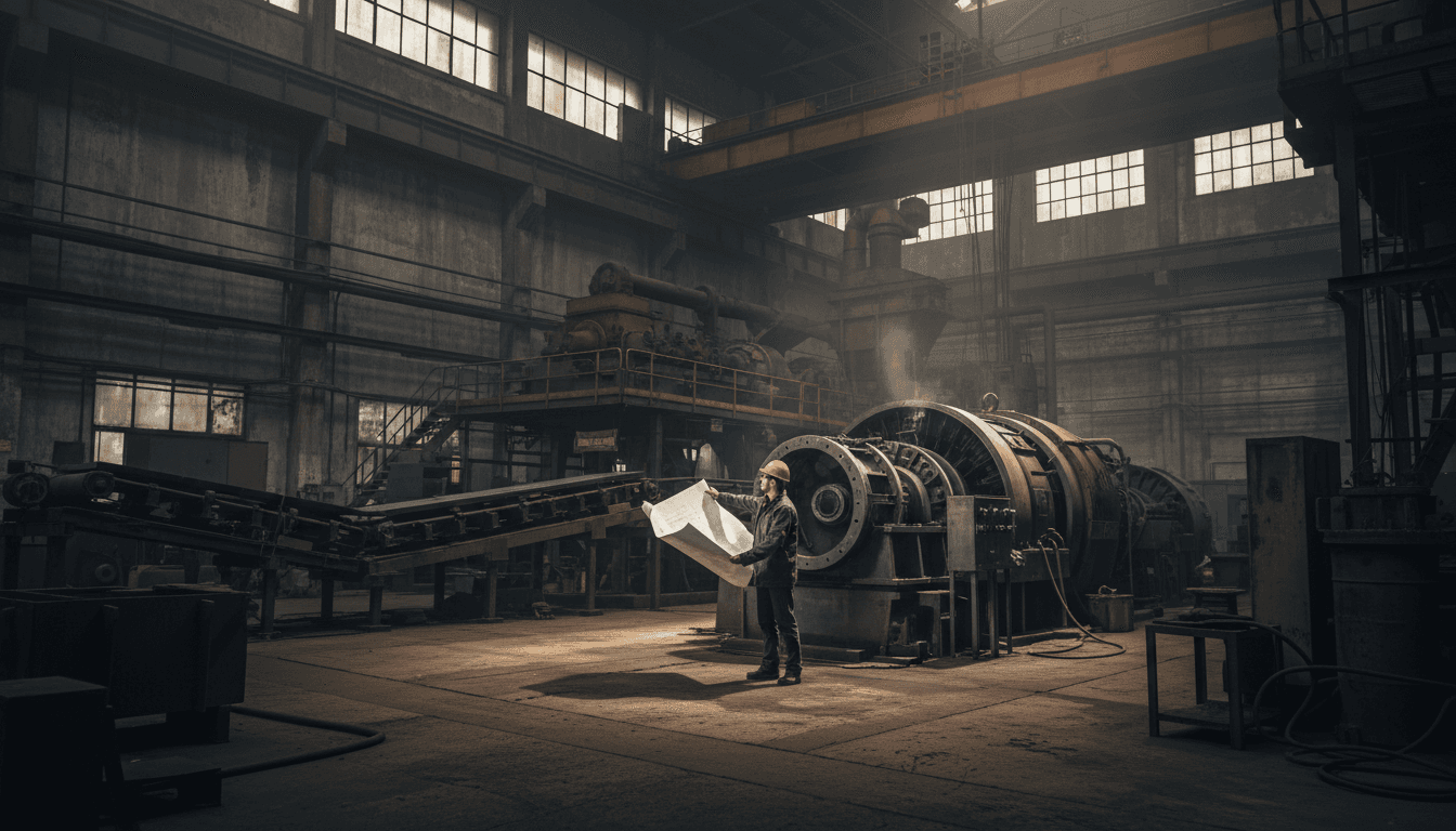 Engineer reviewing blueprints on a plant floor with heavy equipment and piping systems