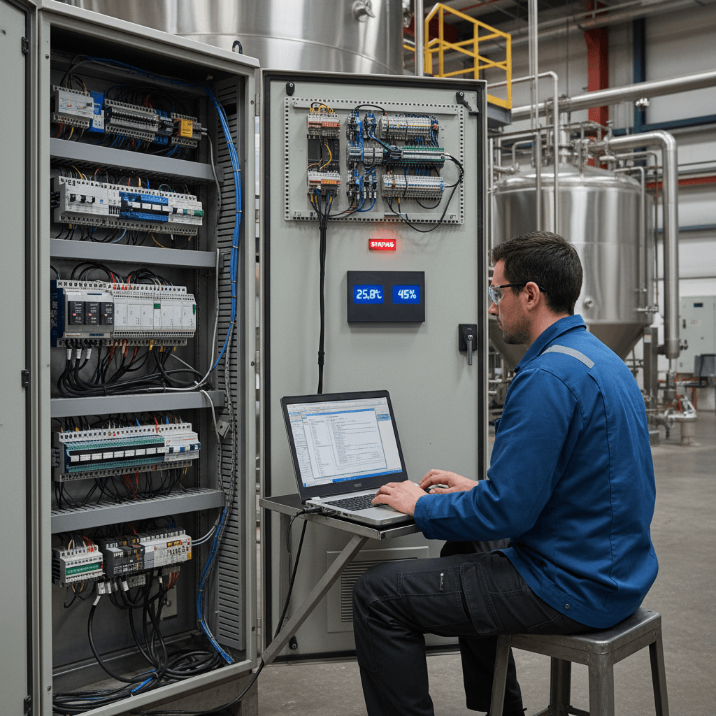 Engineer programming a PLC control panel with a laptop in an industrial plant