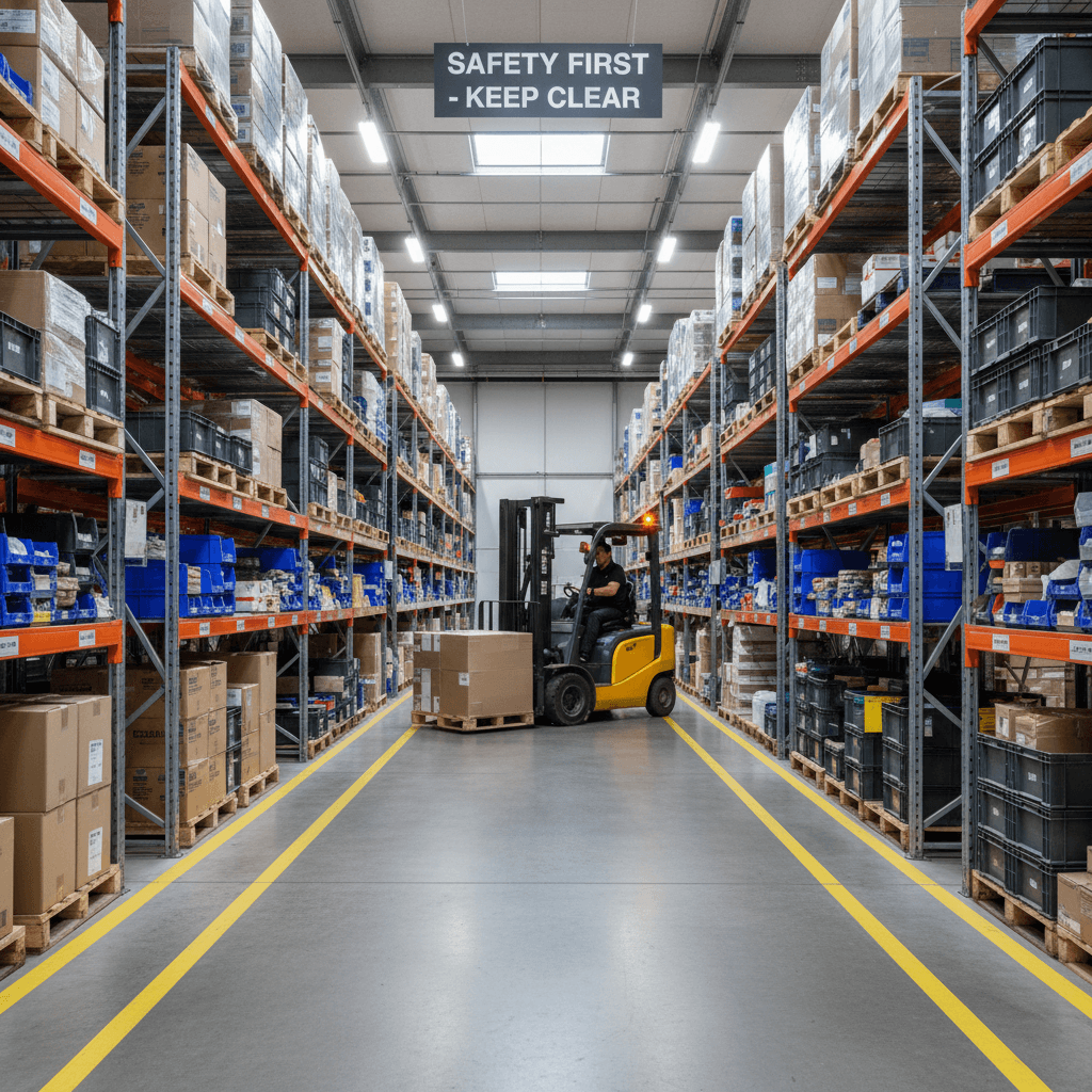 Forklift moving pallet along marked warehouse floor lane between racking rows