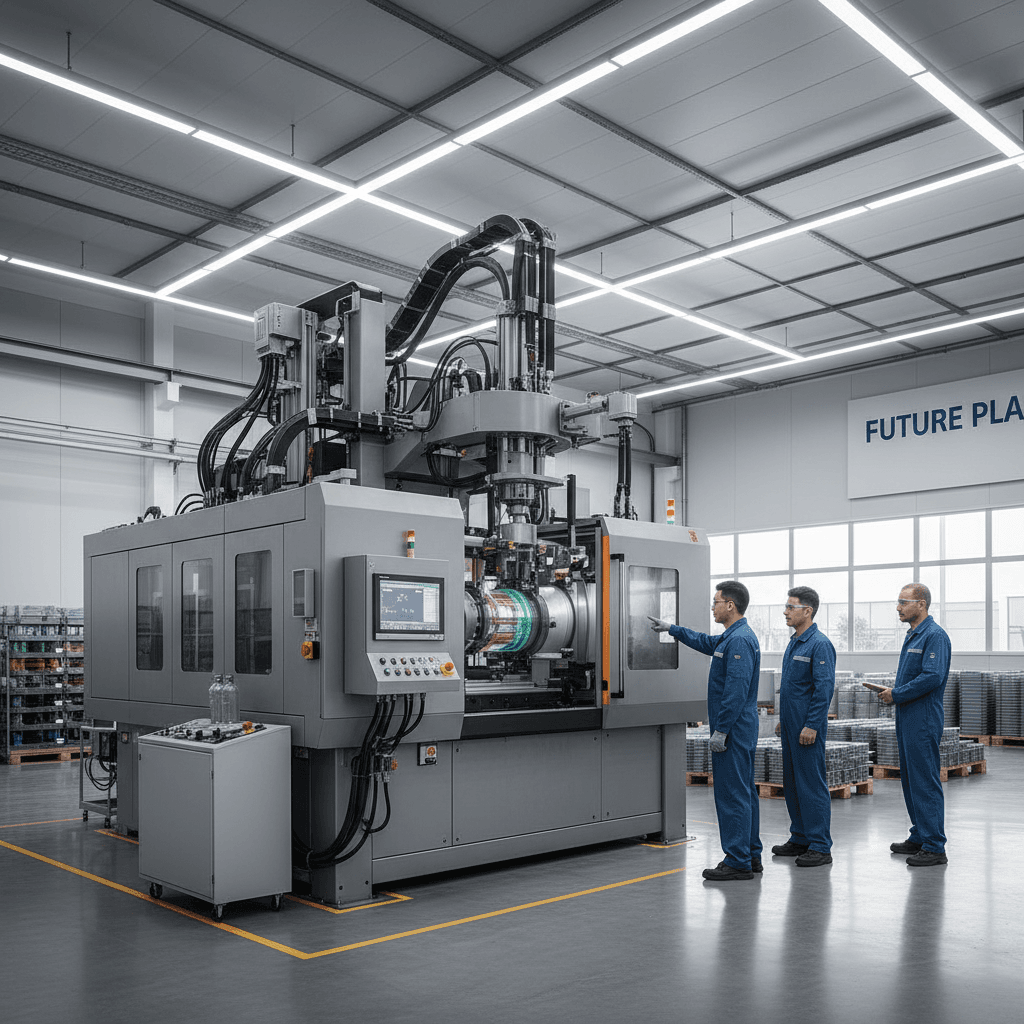 Industrial injection molding machine in a bright manufacturing facility
