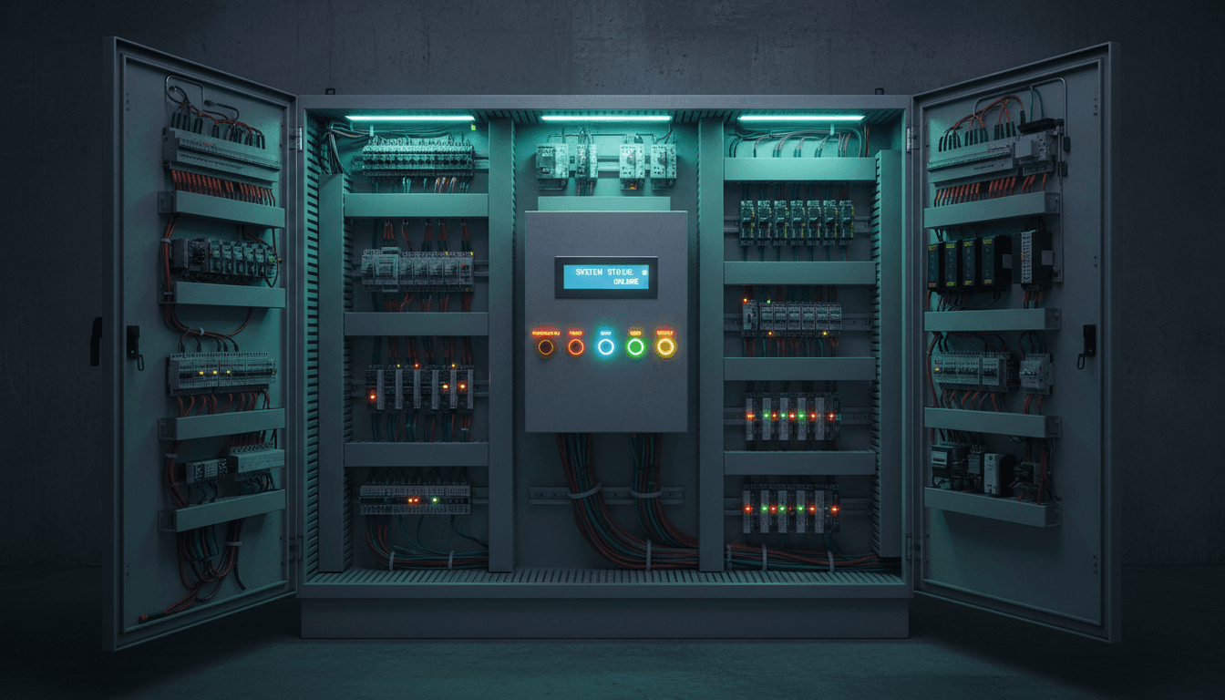Open electrical control cabinet with glowing indicator lights and neatly arranged wiring