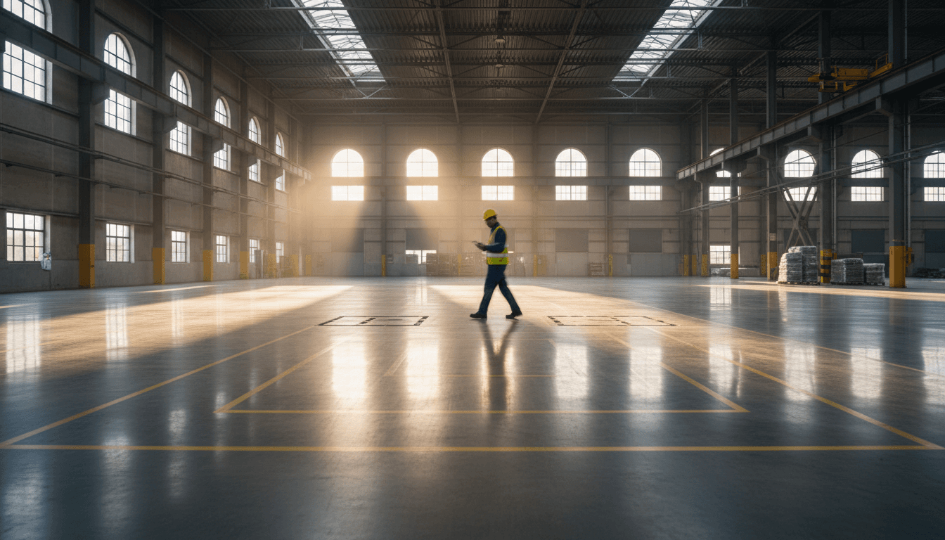 Factory floor with taped machine layout markings and a person walking with a tablet