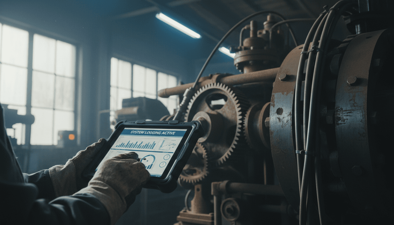 Technician logging maintenance data on a rugged tablet beside machinery