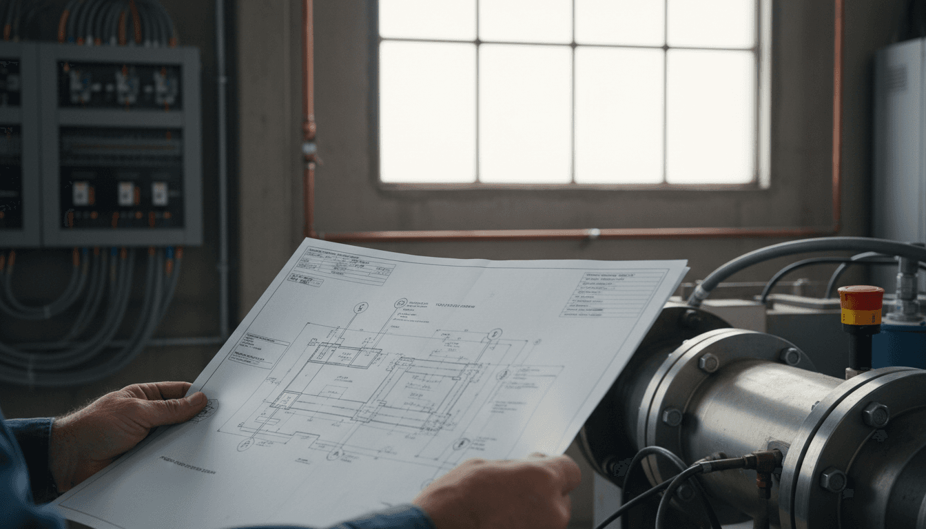 Engineer reviewing CAD plant layout drawings
