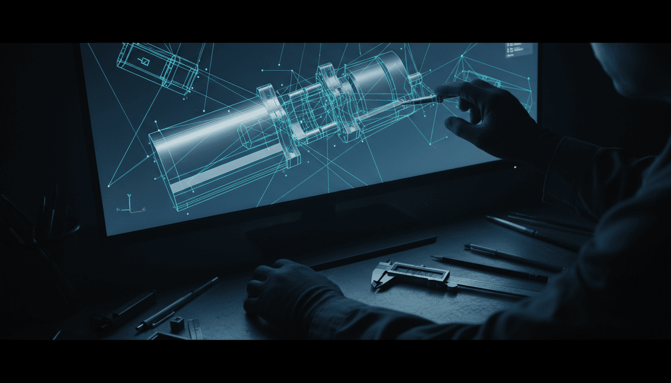 Close-up of hands reviewing a 3D CAD model on a monitor