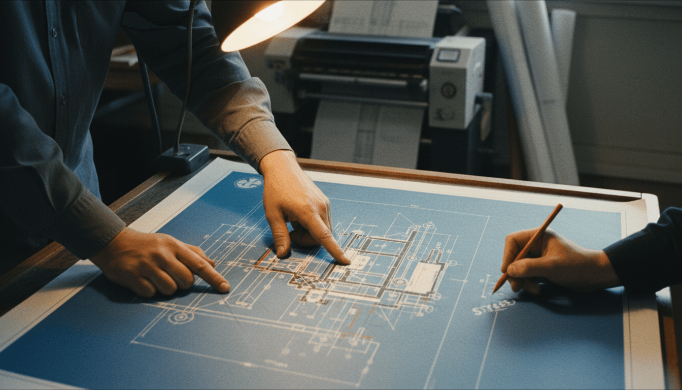 Engineer reviewing a CAD drawing with a red pen on a drafting table