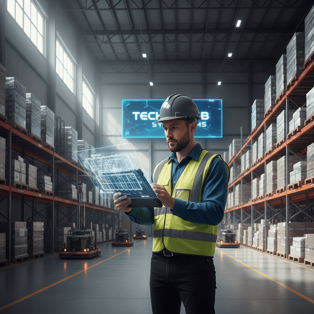 Engineer reviewing facility floor plan layout on tablet in modern warehouse