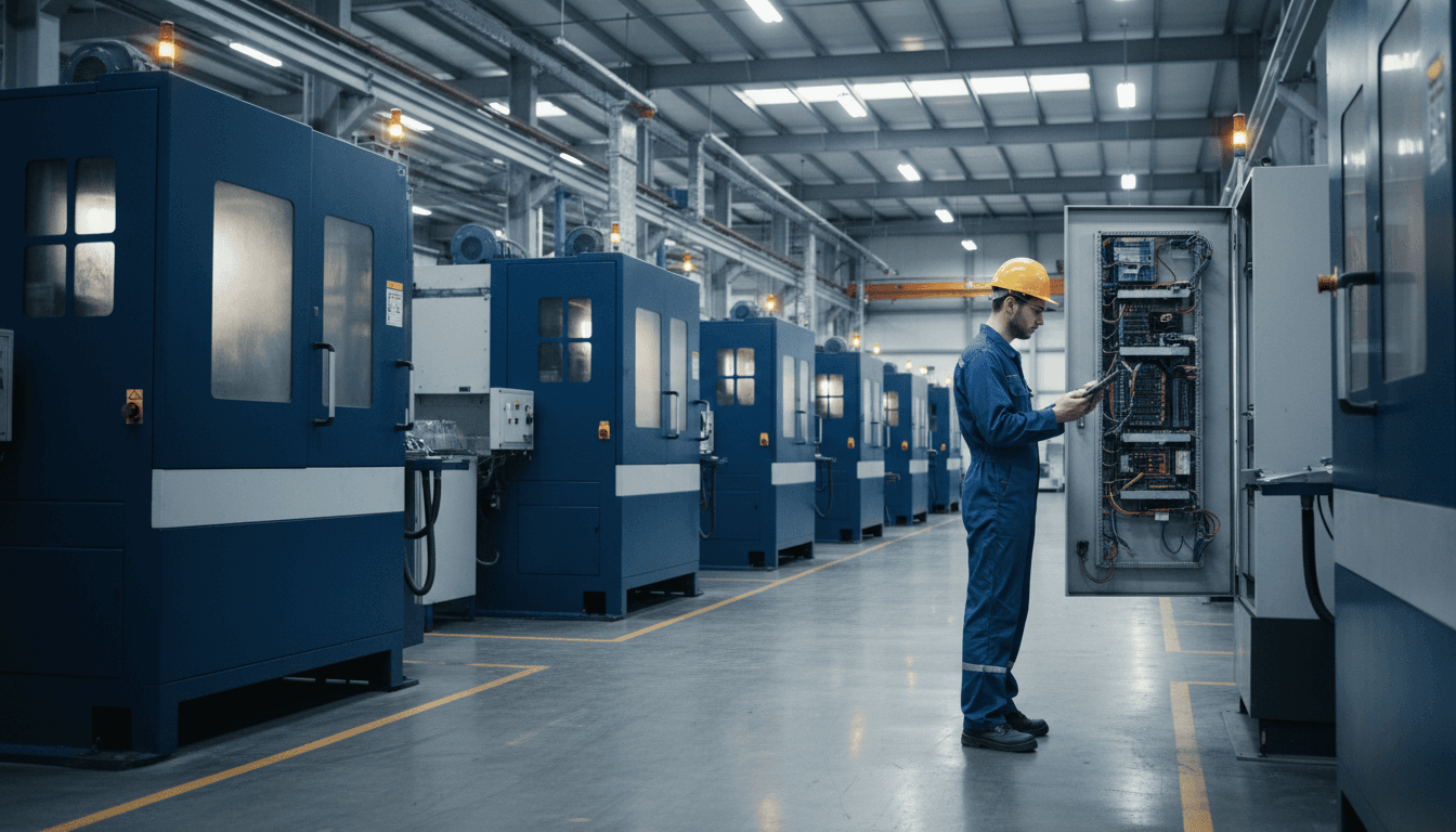 Industrial maintenance engineer reviewing equipment data on a tablet near a control cabinet in a manufacturing facility