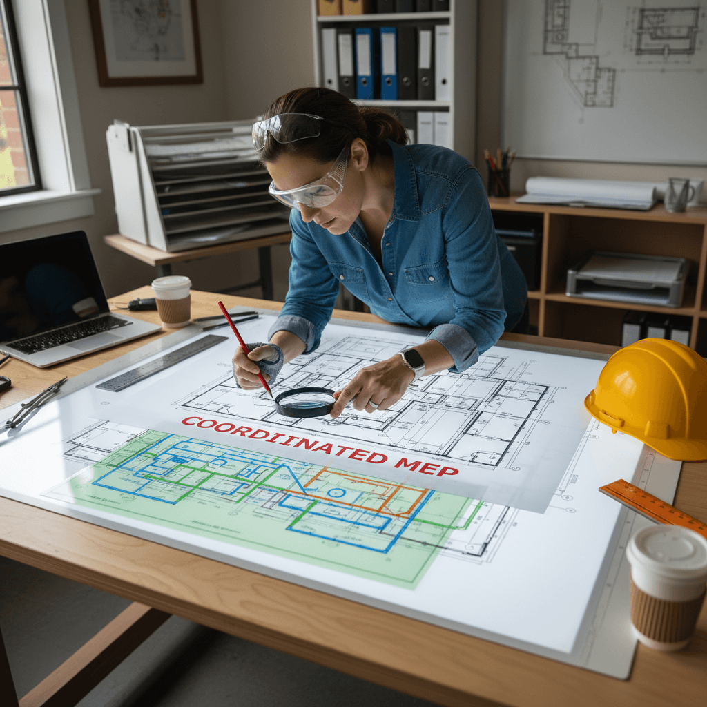 Structural engineer reviewing coordinated MEP drawings with colored overlays at drafting table