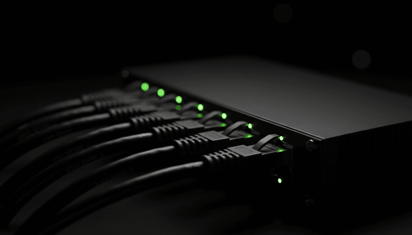 Network cables plugged into an industrial ethernet switch with glowing indicators