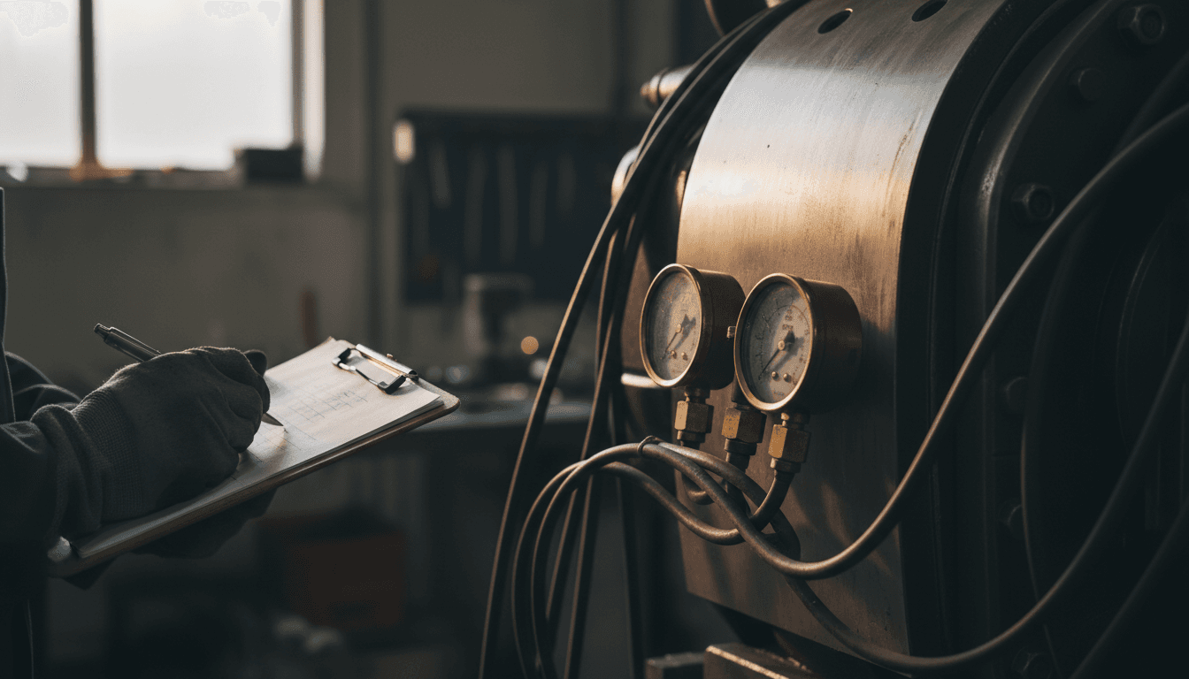 Close-up of a technician inspecting a machine with a clipboard