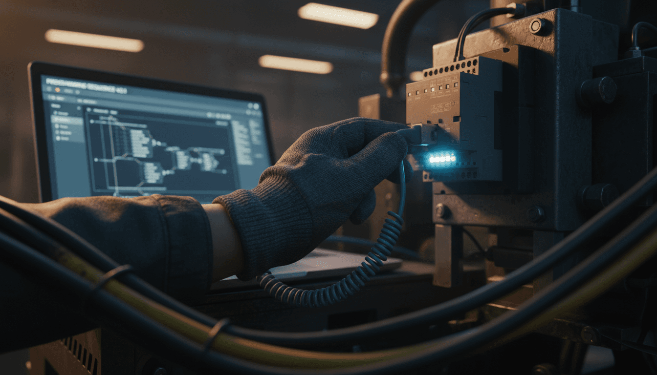 Gloved hand programming a PLC controller with a connected laptop showing schematics