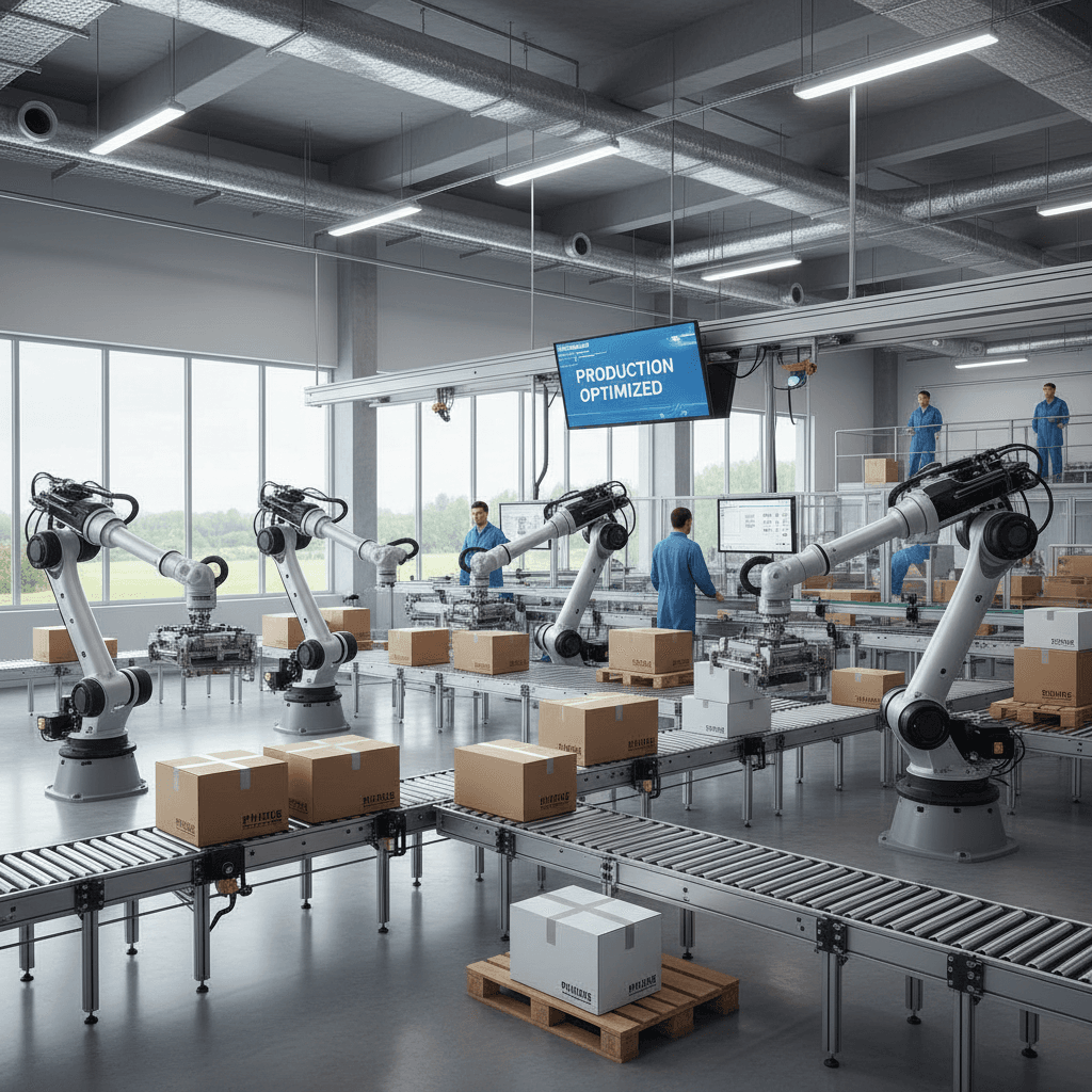 Automated packaging line with robotic arms in a modern factory