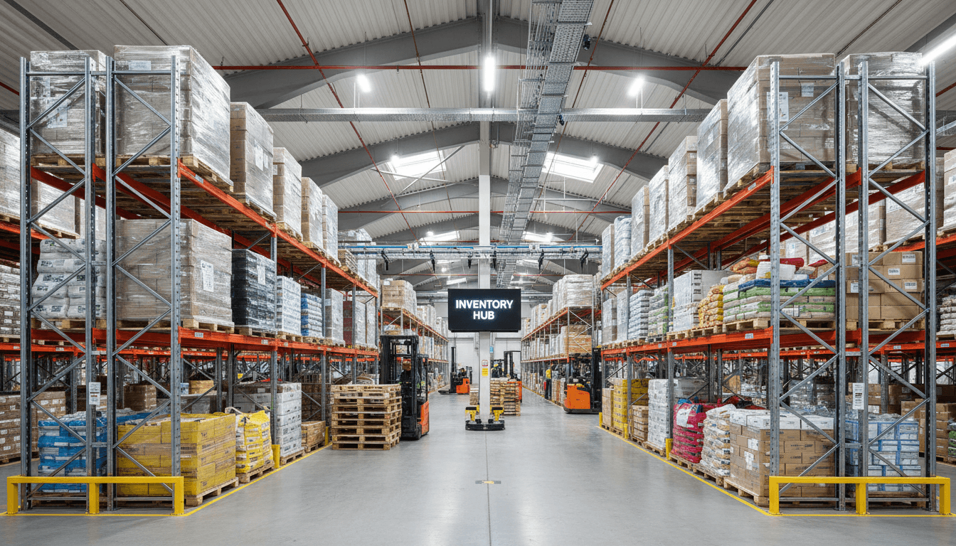 Modern warehouse interior with tall industrial shelving and pallet racking systems
