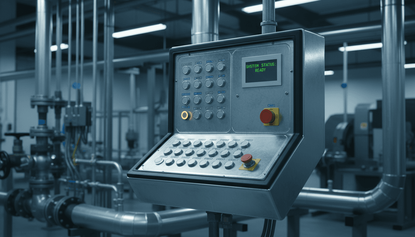 Sealed industrial operator station panel with physical controls in a factory