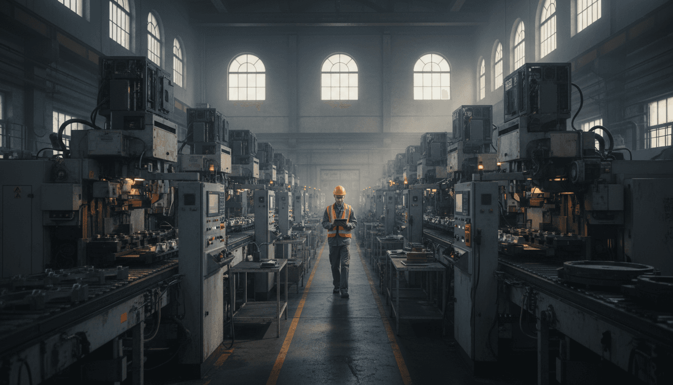Technician walking through a manufacturing plant with a tablet in hand
