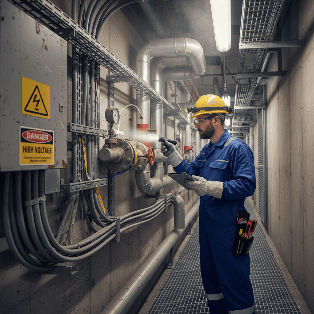 Industrial technician examining pipes and electrical conduit in plant utility corridor
