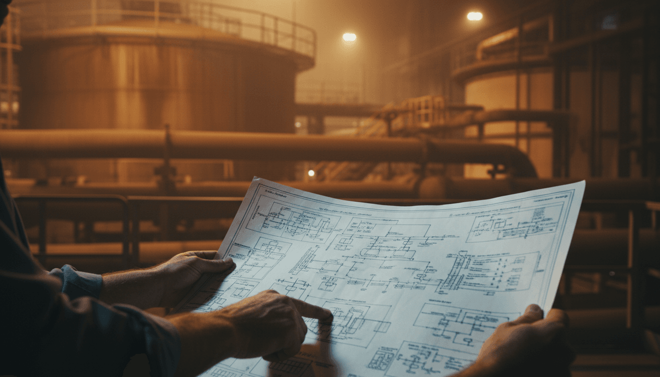 Engineer reviewing wastewater treatment plant design plans on a worktable