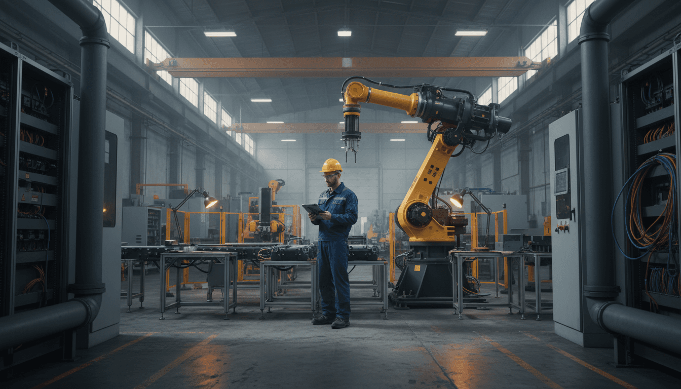 Engineer reviewing CAD plans on a tablet inside an industrial plant