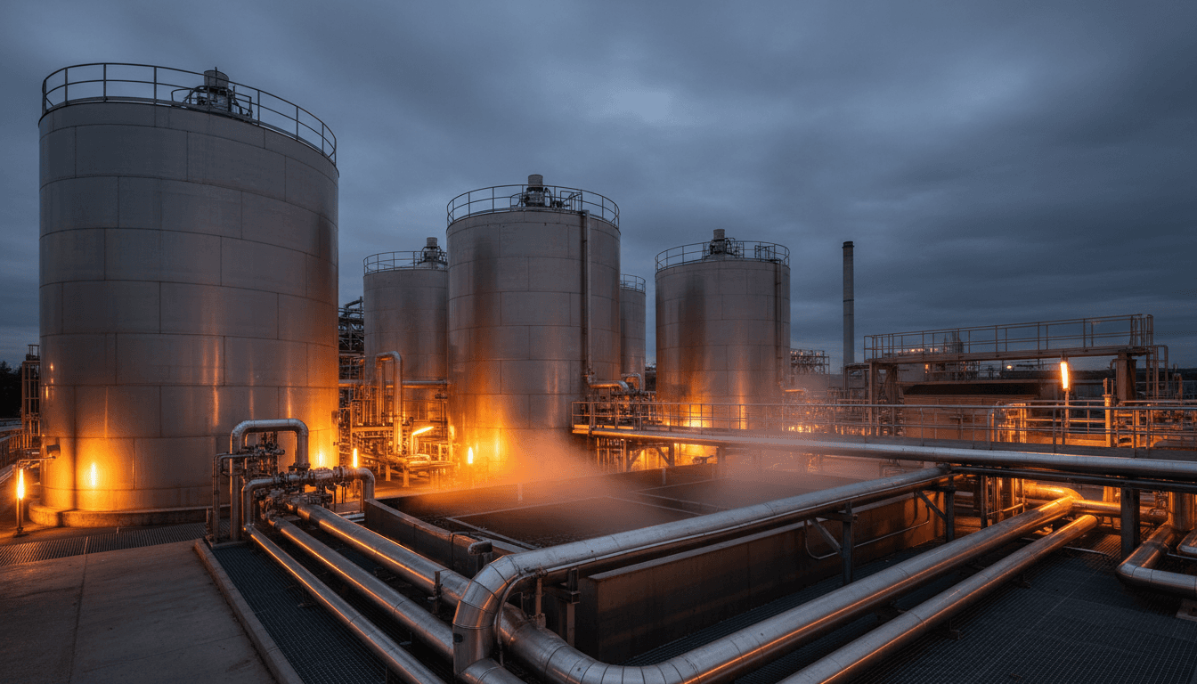 Modern industrial wastewater treatment plant with stainless steel tanks at dusk