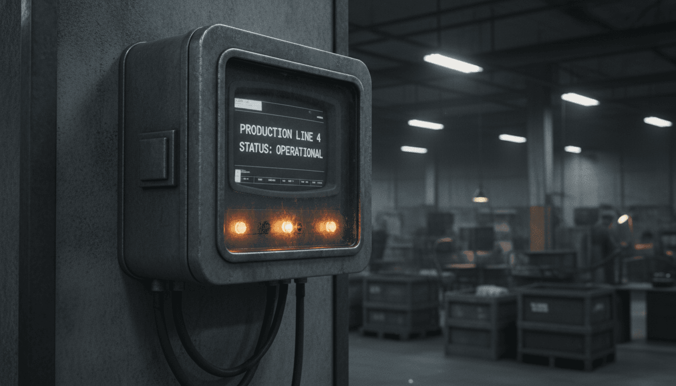 Rugged industrial terminal mounted on a factory wall displaying a clean interface