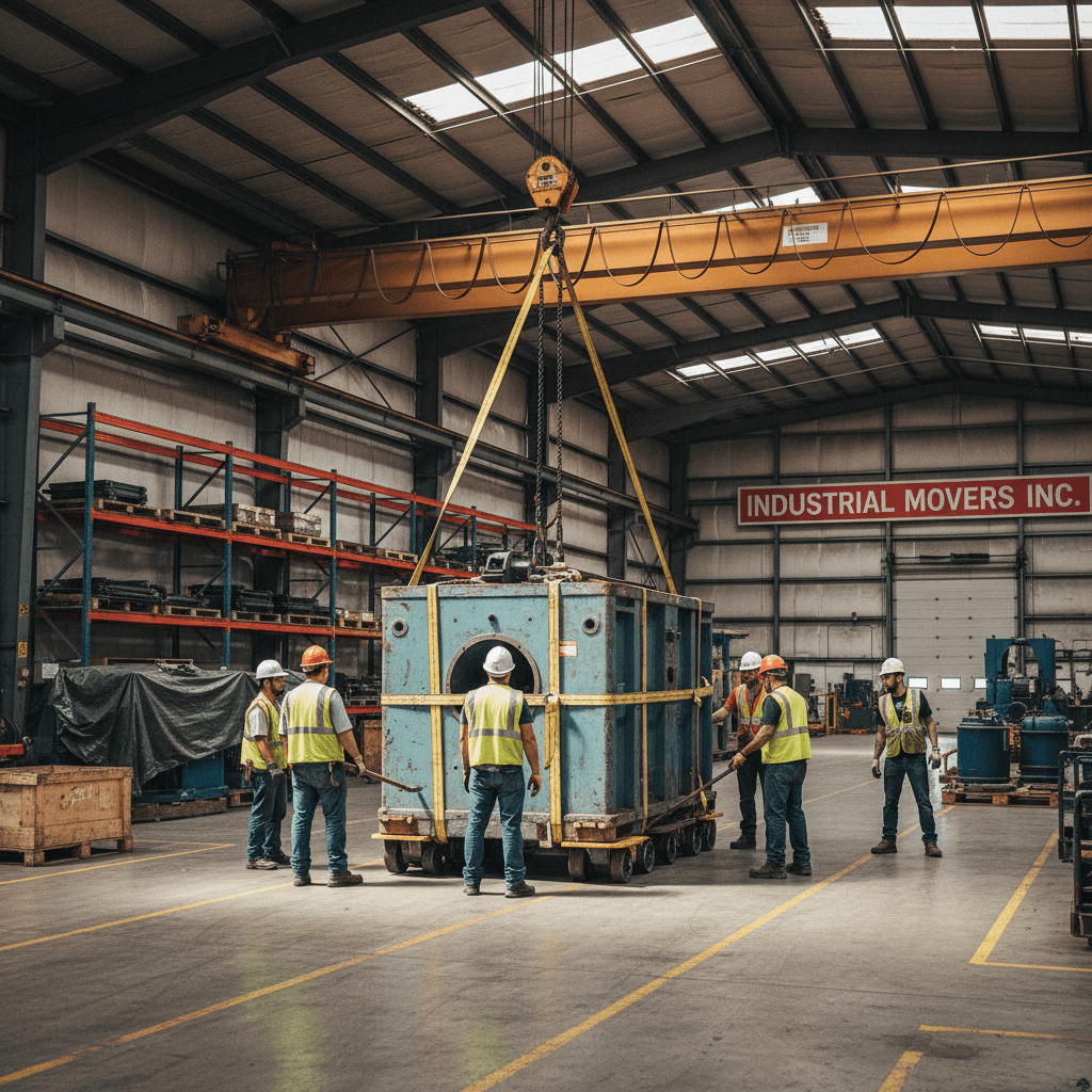 Heavy machinery rigging crew moving industrial equipment in a warehouse