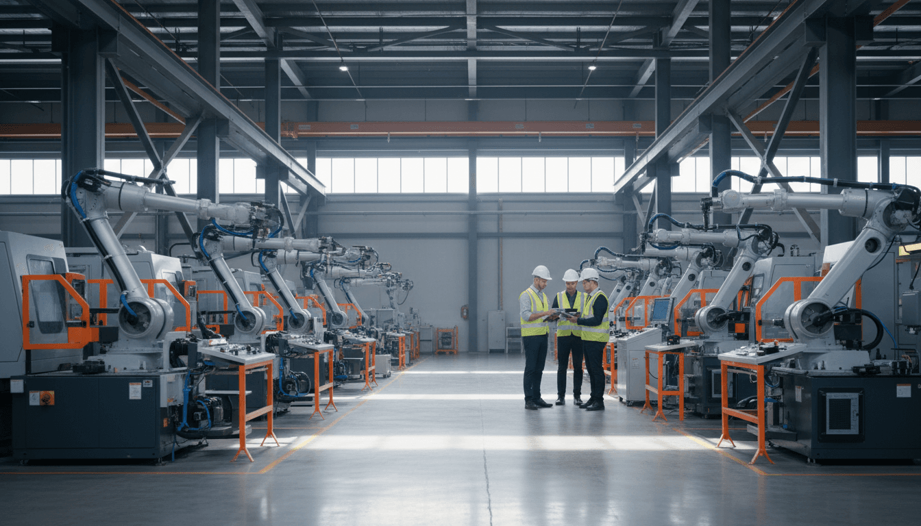 Engineers reviewing a tablet on a modern automated manufacturing floor