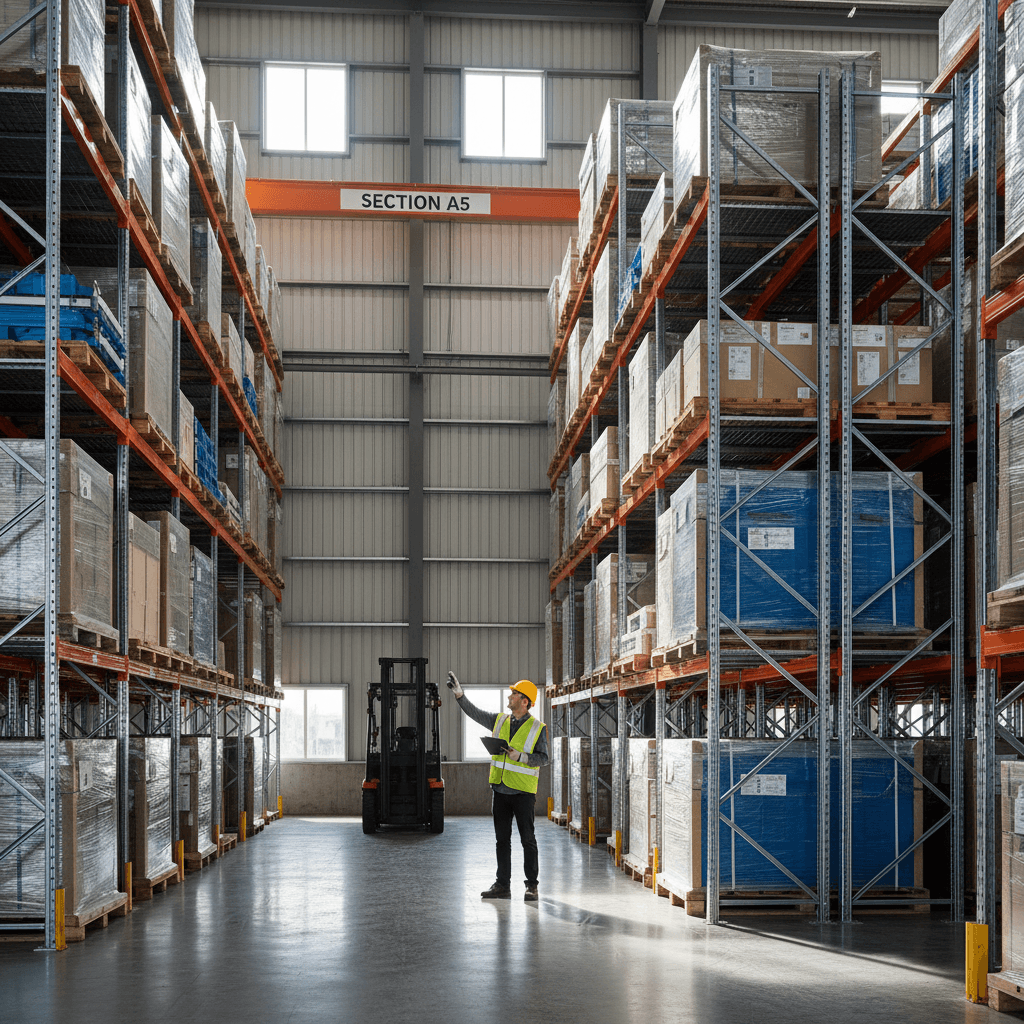 Warehouse worker inspecting heavy duty industrial racking system in high-ceiling facility