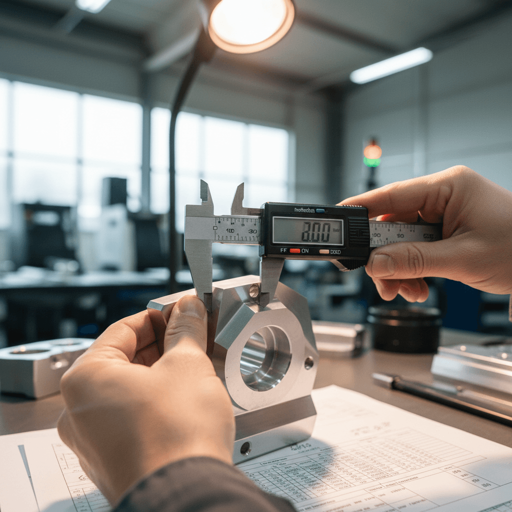 Close-up of an engineer inspecting a precision-machined aluminum prototype on a shop-floor workbench under focused industrial lighting, calipers and CAD printouts nearby, documentary photography