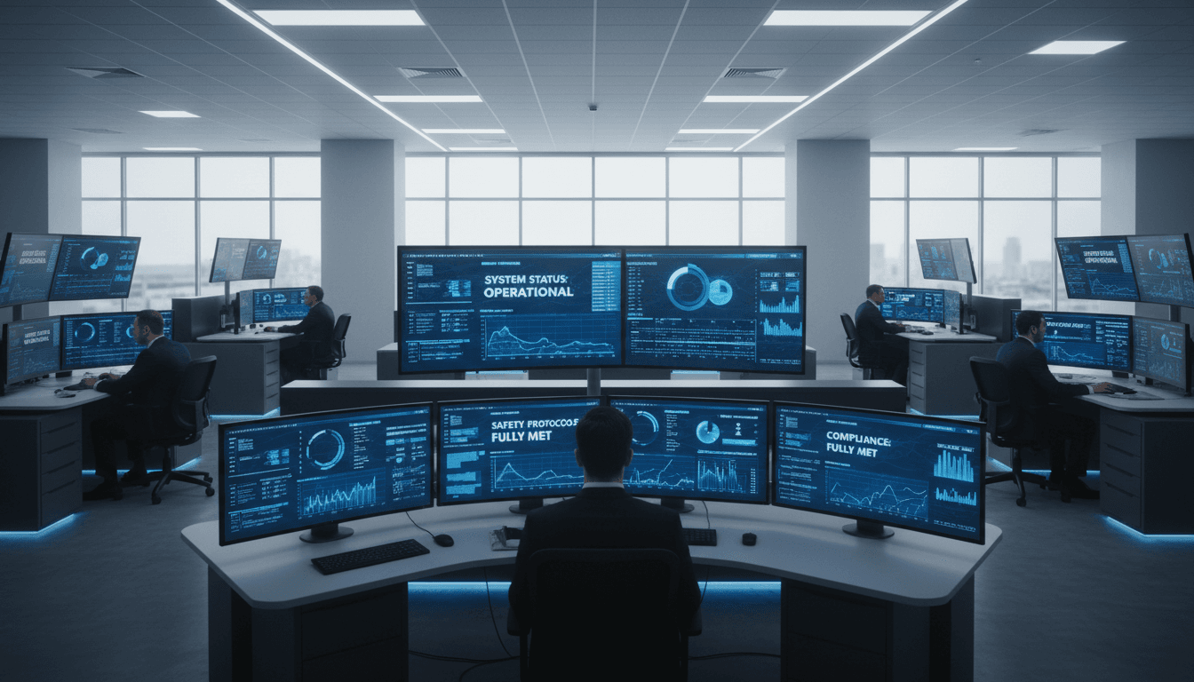 Operator in a dark control room watching a vivid HMI screen of ladder logic and motion paths, cyan and amber UI glow on their face, industrial PLC racks in the background