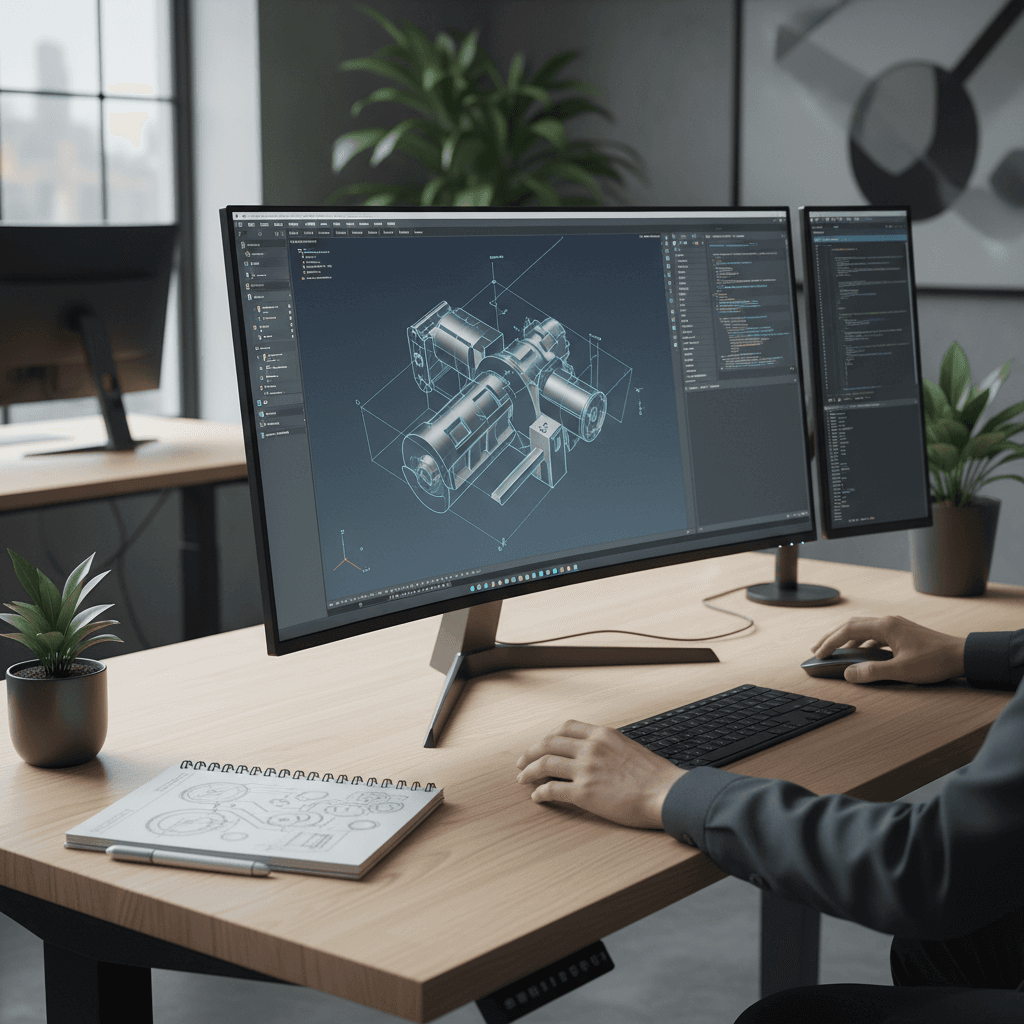 Close-up of an engineer’s hands on a workstation, face lit by a CAD model of a complex part, screen glow catching focused eyes and a slight frown of concentration, photorealistic editorial