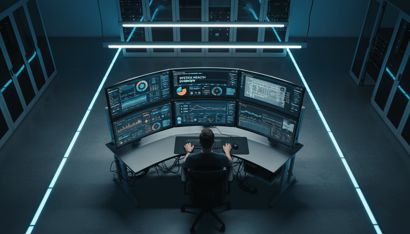 Plant control room screens showing live production dashboards, machine status, and cloud database metrics in a dim industrial office