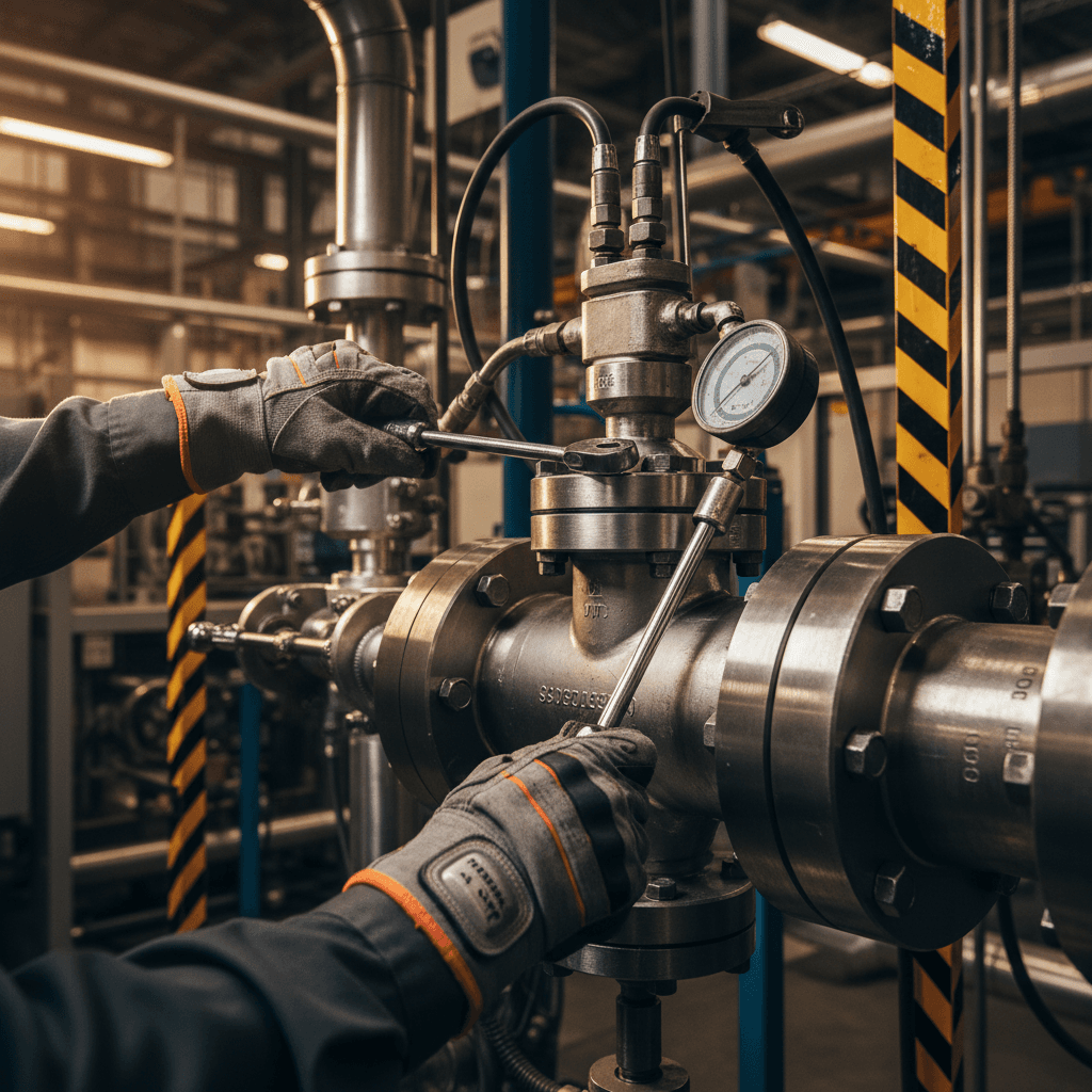 Technician in a high-vis vest at a control panel, eyes locked on gauges as steam and stainless piping recede behind them, tense first-start of a processing line, documentary photography