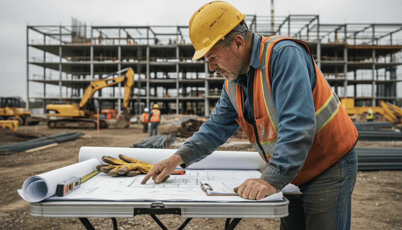 Site superintendent in a safety vest directing mechanical plumbers and electrical crews on a live factory floor, clipboard and radio in hand, rigging crew moving equipment in the background, decisive on-site documentary photo