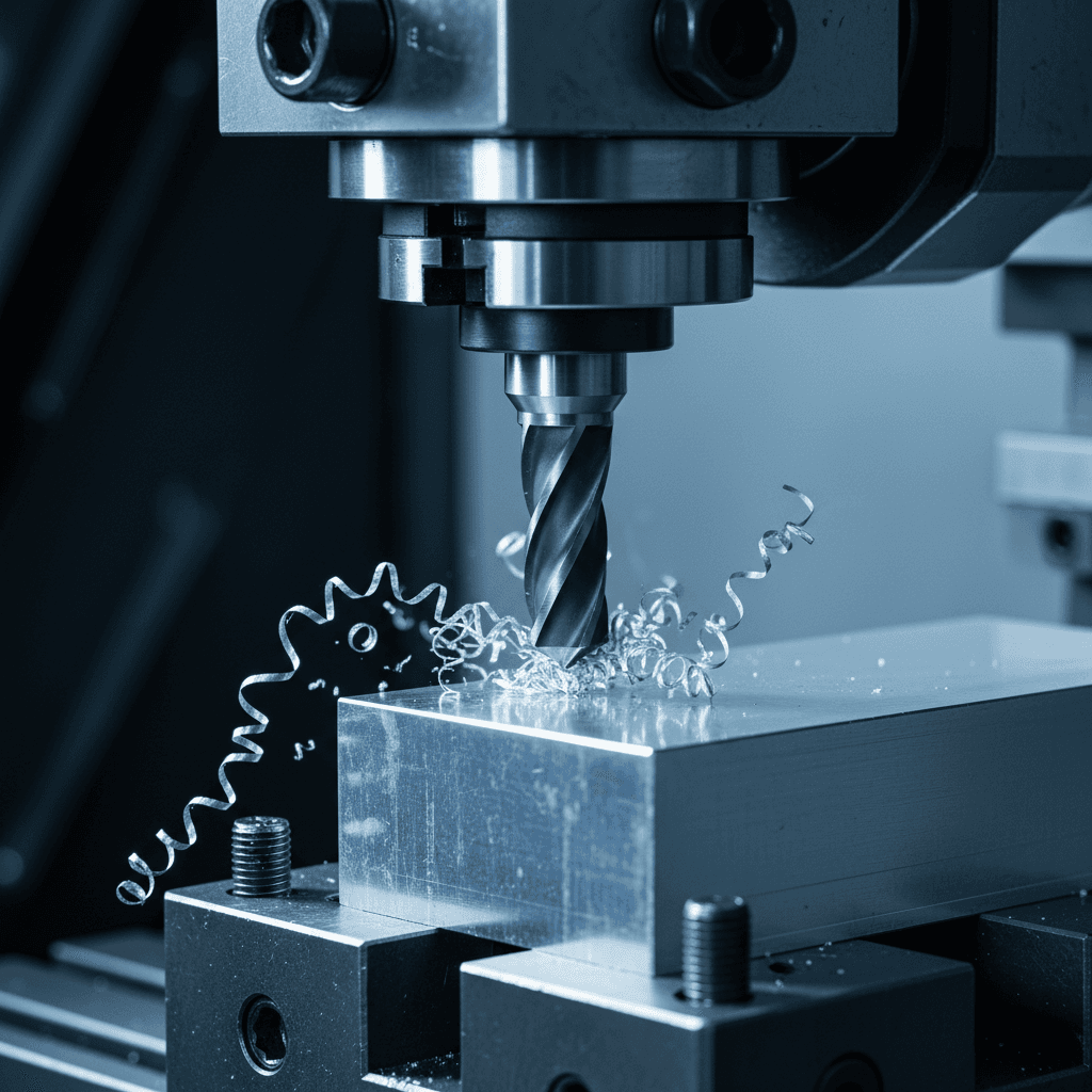 Close-up of a glowing orange-lit CNC mill carving a complex aluminum housing, metal chips flying, high-contrast industrial photography with sharp highlights on machined surfaces