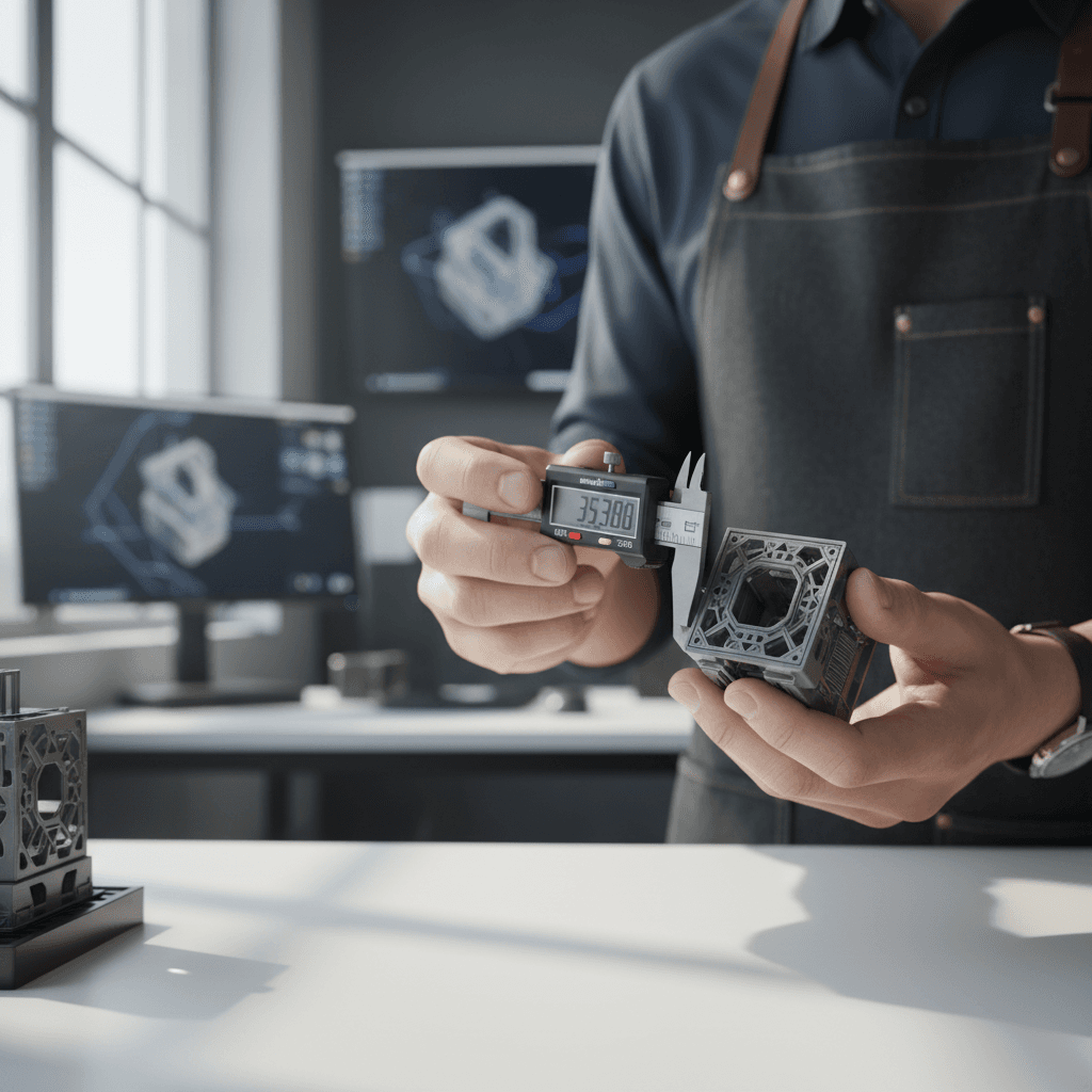 Close-up of a 3D CAD model on a dual-monitor workstation with calipers and a machined prototype part beside a DFM markup printout