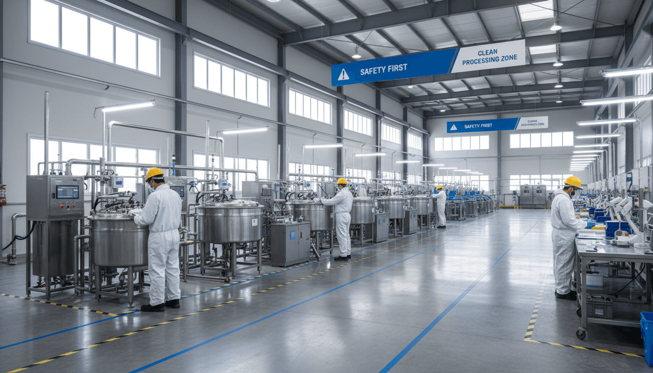 New processing facility startup with stainless piping, silos, control panels, and technicians walking a commissioning checklist