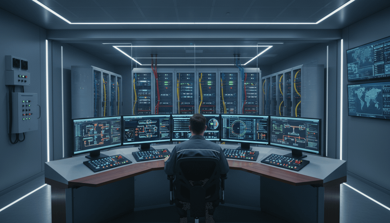 Open industrial control cabinet with dense PLC rack, color-coded panel wiring, technician calibrating sensors, modern HMI touchscreen showing ladder logic and multi-station status, factory lighting, photorealistic