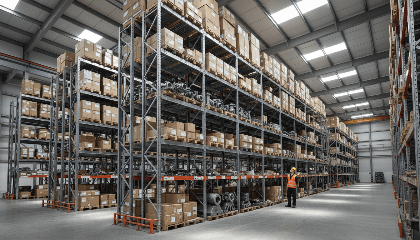 Warehouse aisle of galvanized selective pallet racking with upright frames, load beams, and palletized goods under high-bay LED lighting