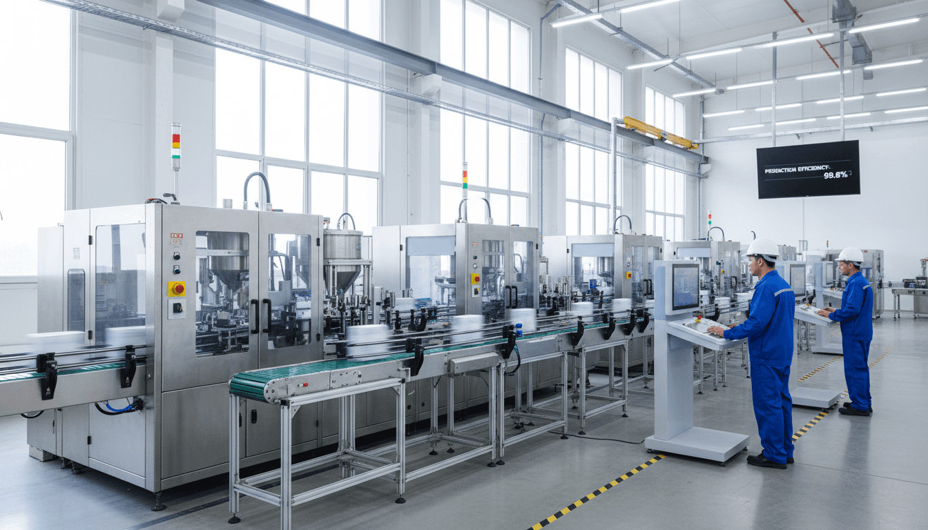 High-speed packaging line with cartoners, case packers, and palletizers running under overhead conveyors during end-of-line commissioning