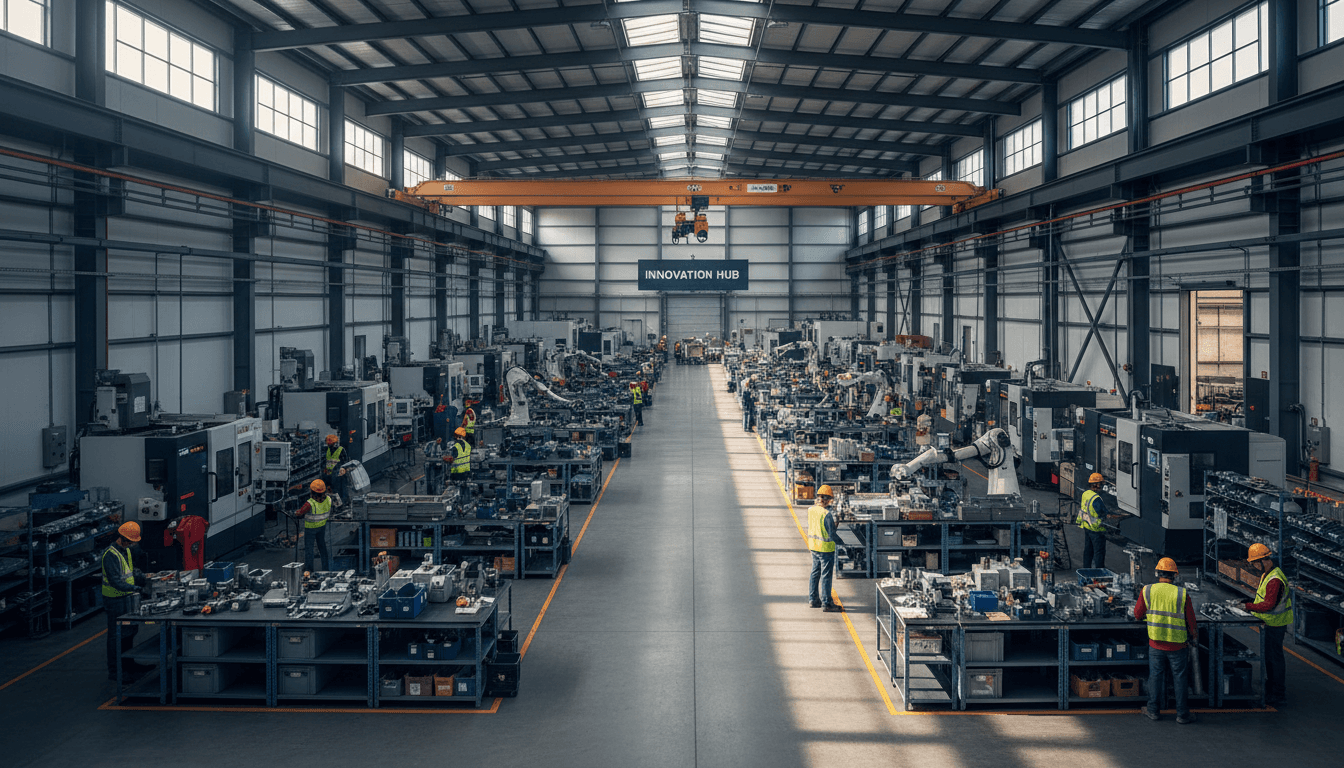 Wide industrial plant floor with newly commissioned production line, steel mezzanines, overhead conveyors, and engineers reviewing layout drawings under high bay lighting