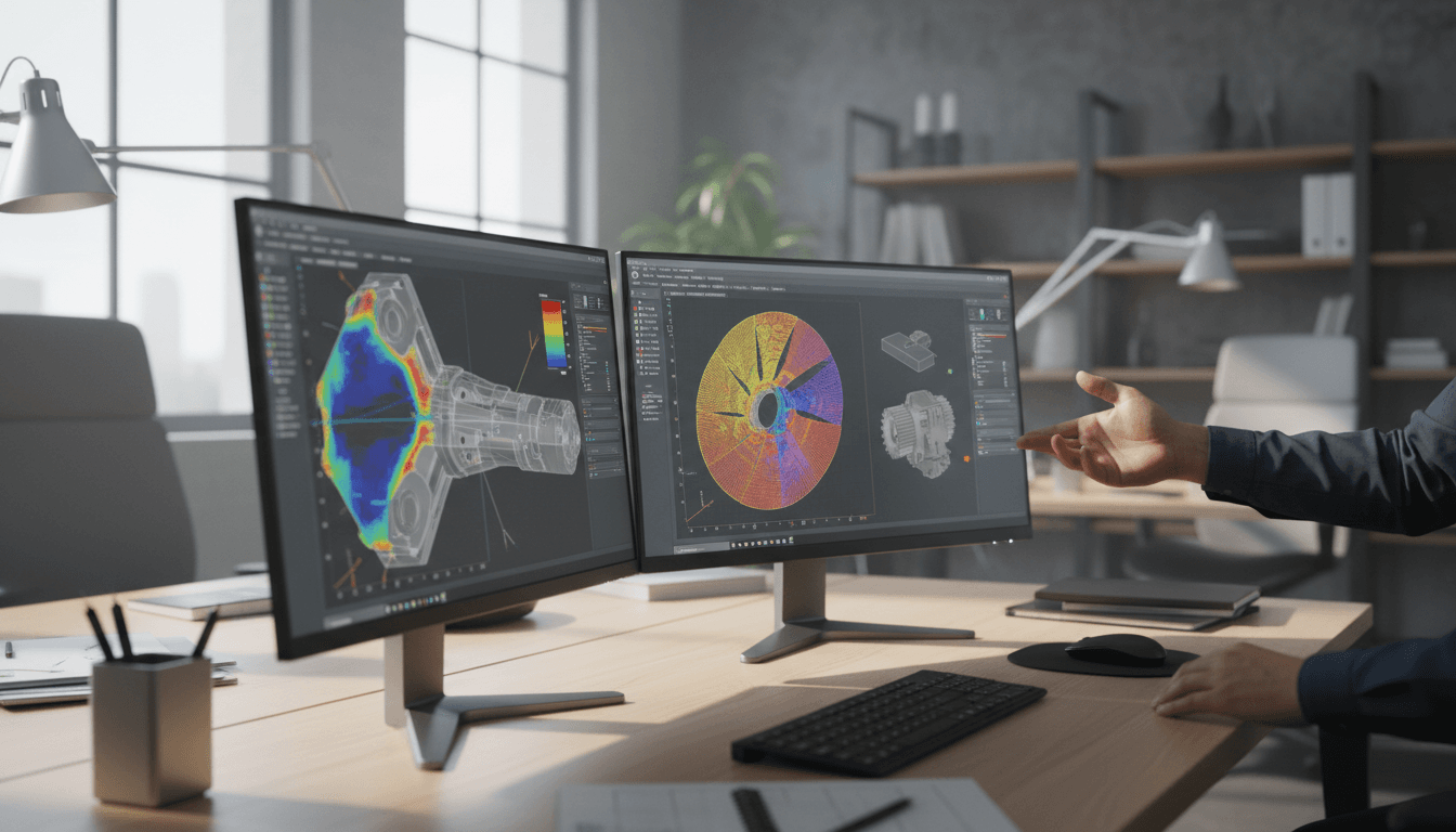 Close-up of a workstation with a large 3D CAD model of a machined housing on dual monitors, calipers and marked-up prints beside a keyboard in a dim engineering office