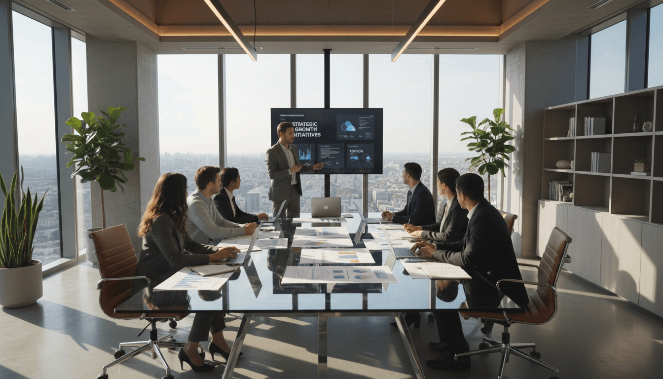 Two professionals in a glass-walled conference room starting a kickoff consultation, laptop open to a contact form and facility photos, handshake across a table of sample parts and notebooks, warm afternoon light, editorial photo