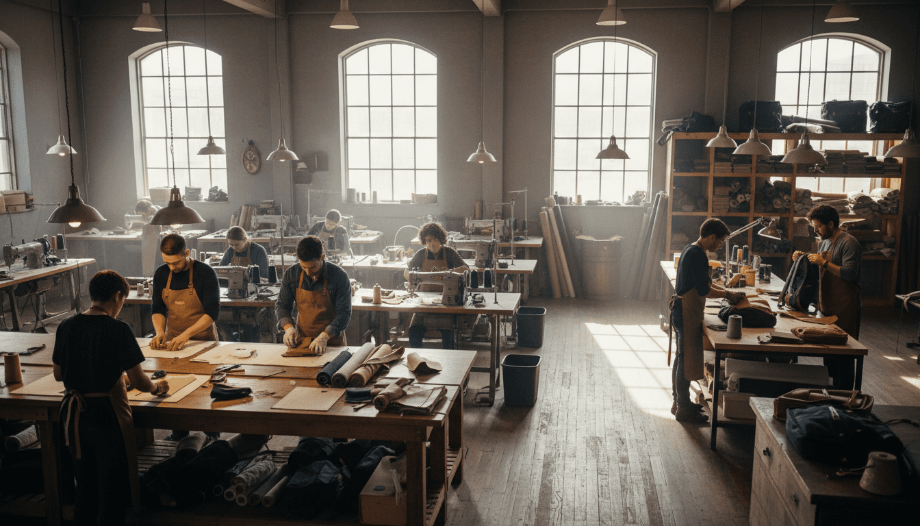 Project manager at an airport-adjacent industrial park unfolding a regional map of manufacturing sites, hard hat and travel bag on a folding table, distant factory rooftops, golden-hour documentary