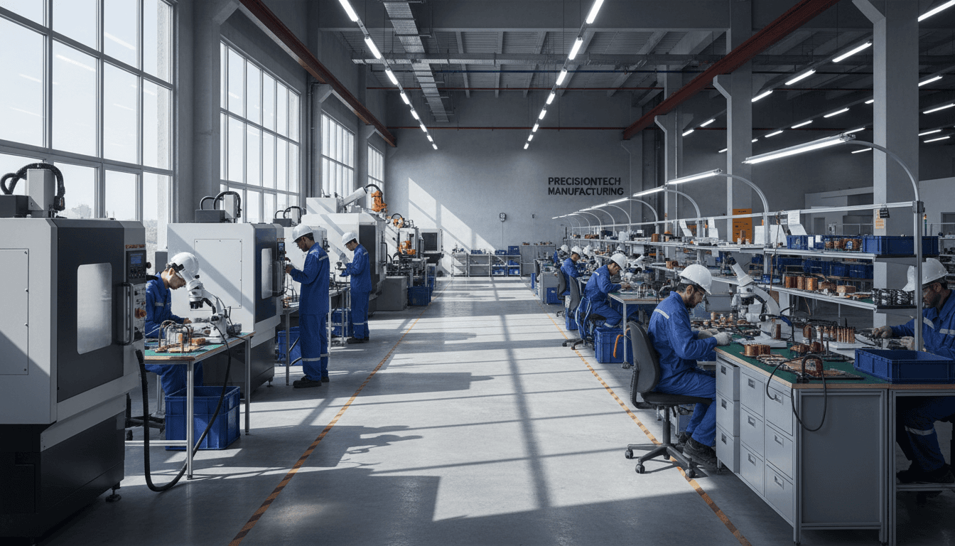 Wide industrial manufacturing plant floor with CNC lines, overhead cranes, and engineers reviewing layout drawings under cool warehouse lighting