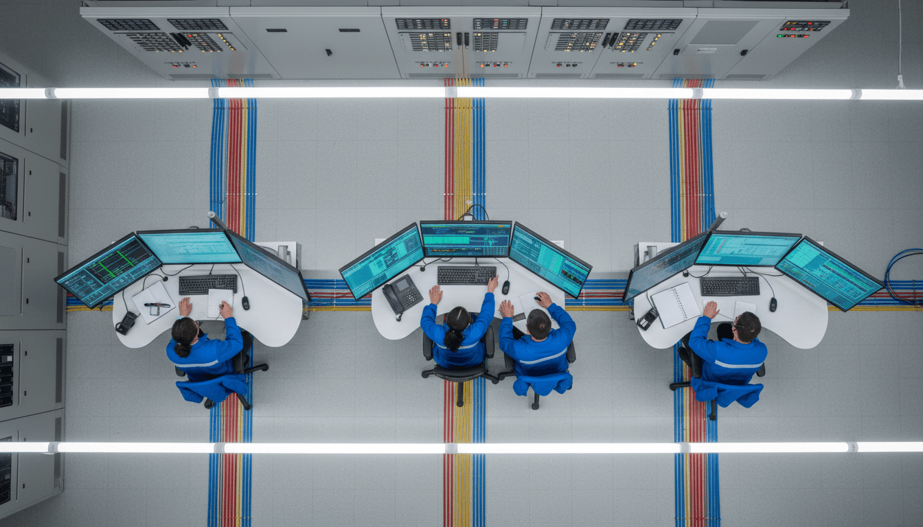 Open motor-control center with labeled breakers, bundled conduit, and a wall-mounted SCADA screen showing live line status in a clean electrical room