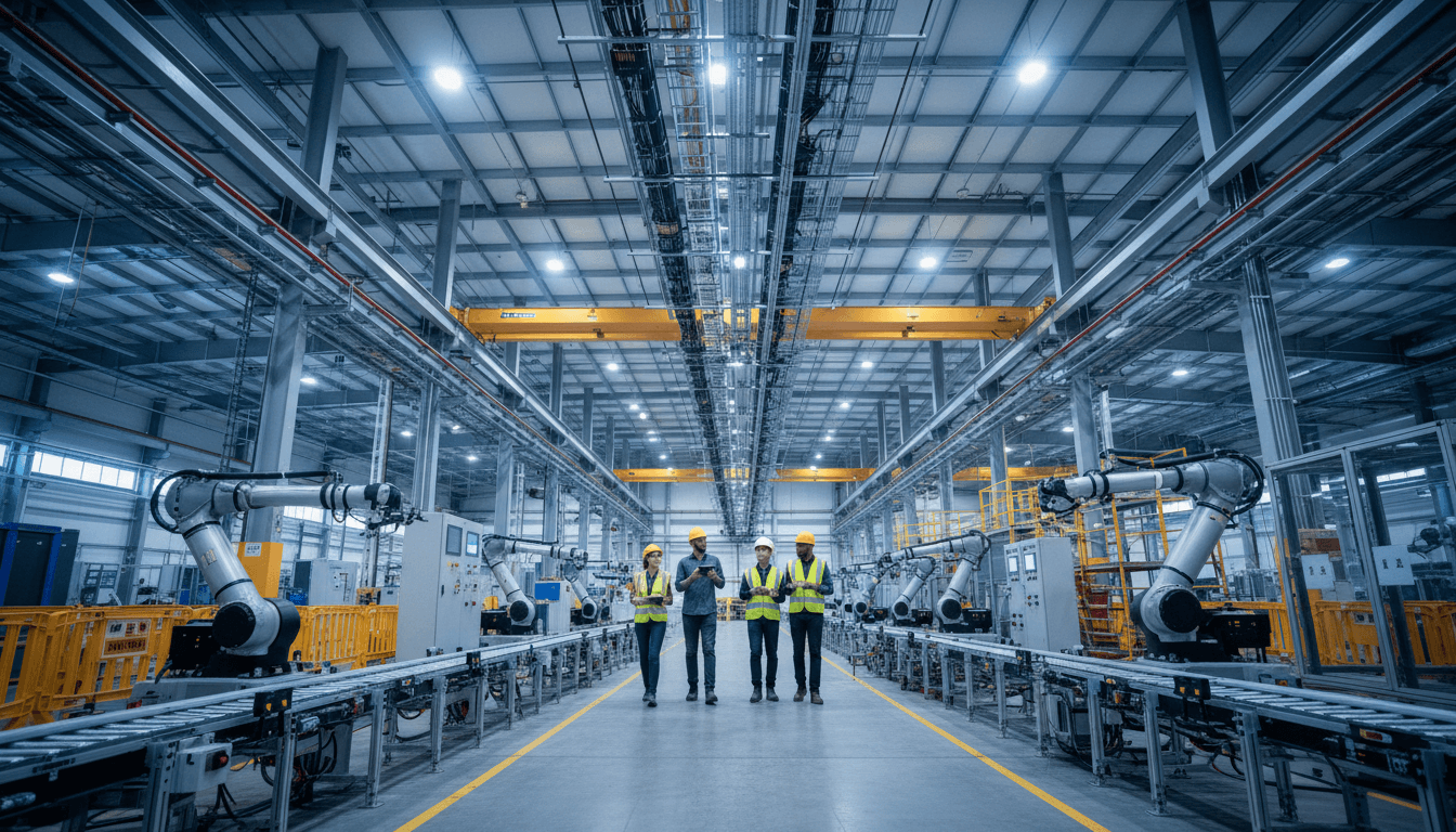 Engineers in hard hats commissioning a complex processing line, laptops open beside PLC cabinets while robotic arms cycle through acceptance tests on the factory floor