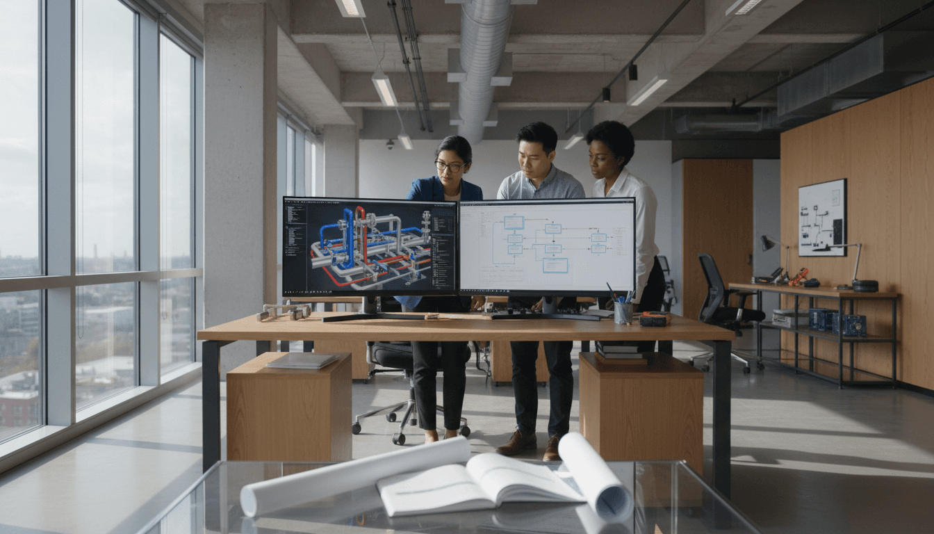 Wide CAD workstation showing a 3D plant layout with machinery, pipe runs, and electrical trays color-coded on dual monitors