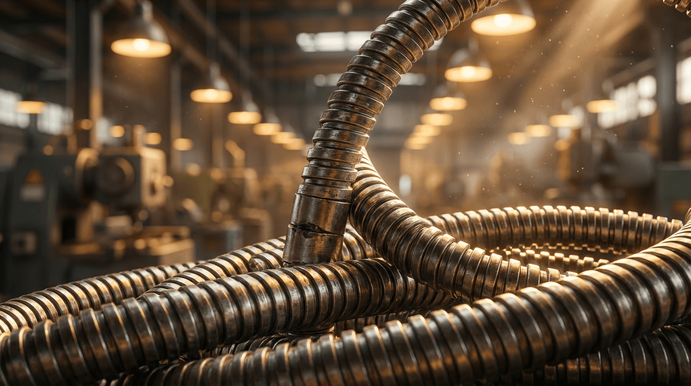 Newly installed pneumatic manifolds and color-coded airline plumbing along a packaging line, clean copper and polymer tubing, industrial documentary lighting